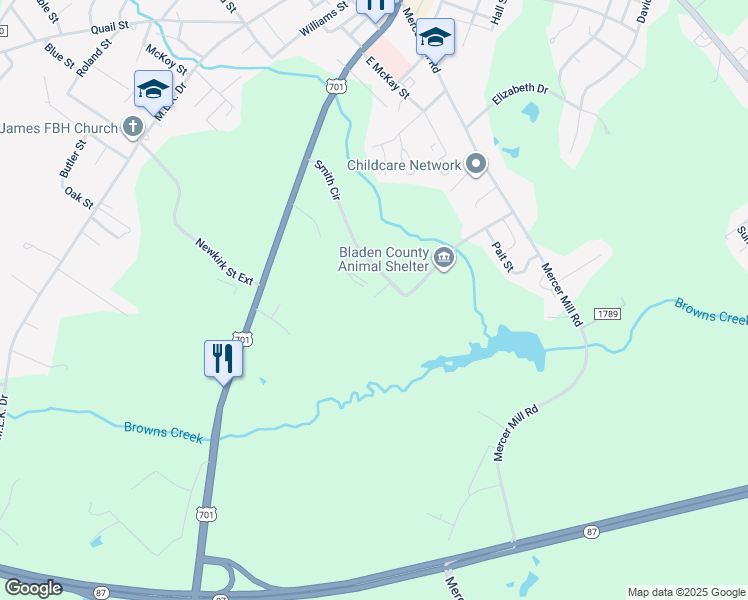 map of restaurants, bars, coffee shops, grocery stores, and more near 360 Smith Circle in Elizabethtown