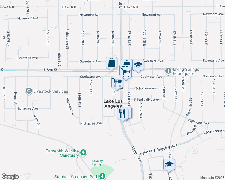 map of restaurants, bars, coffee shops, grocery stores, and more near 40255 169th Street East in Palmdale