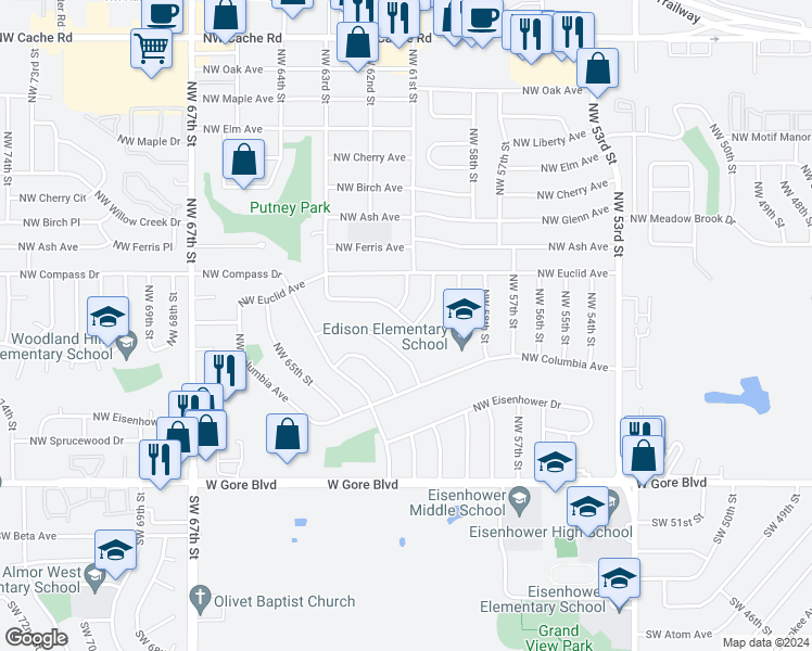 map of restaurants, bars, coffee shops, grocery stores, and more near 5832 Northwest Dearborn Avenue in Lawton