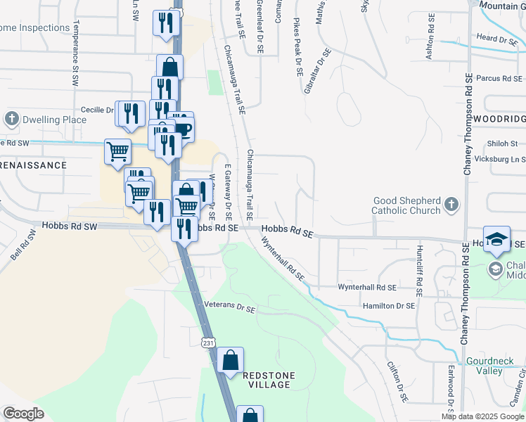 map of restaurants, bars, coffee shops, grocery stores, and more near 432 Andromedea Rd SE in Huntsville