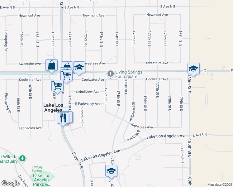 map of restaurants, bars, coffee shops, grocery stores, and more near 40247 174th Street East in Palmdale