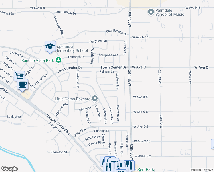 map of restaurants, bars, coffee shops, grocery stores, and more near 3152 Lantana Court in Palmdale