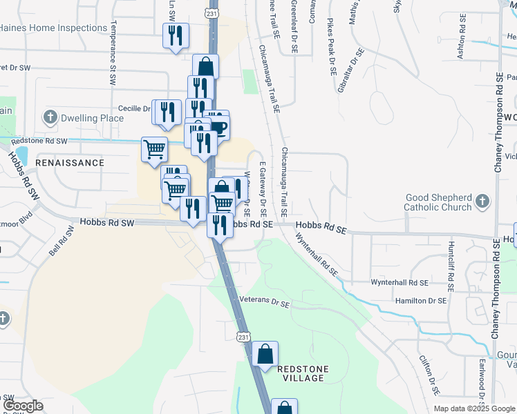 map of restaurants, bars, coffee shops, grocery stores, and more near 11824 East Gateway Drive Southeast in Huntsville