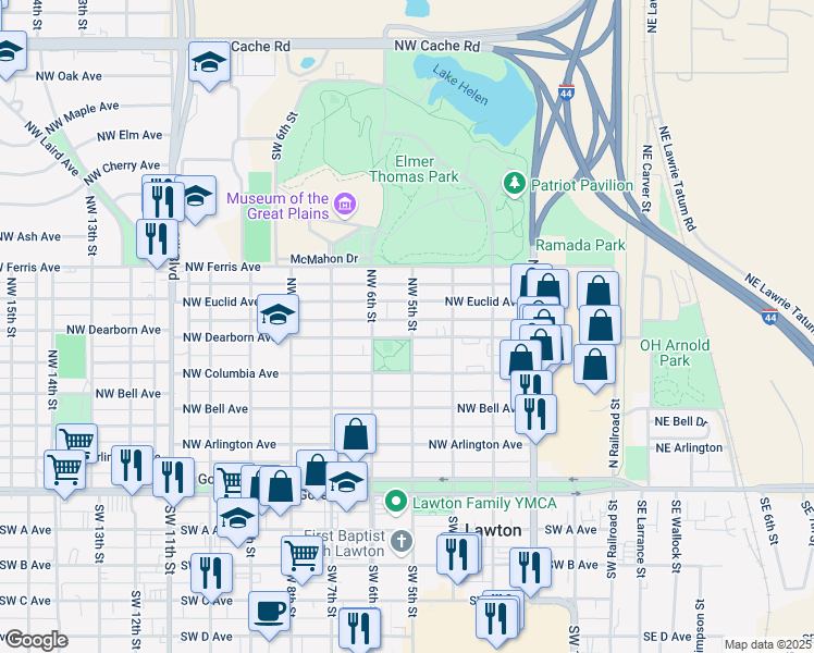 map of restaurants, bars, coffee shops, grocery stores, and more near 501 Northwest Dearborn Avenue in Lawton