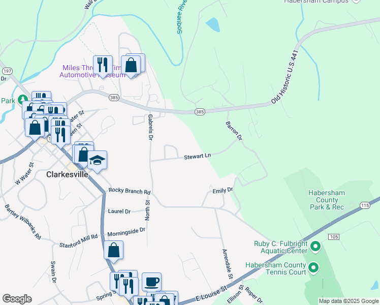 map of restaurants, bars, coffee shops, grocery stores, and more near 273 Stewart Lane in Clarkesville