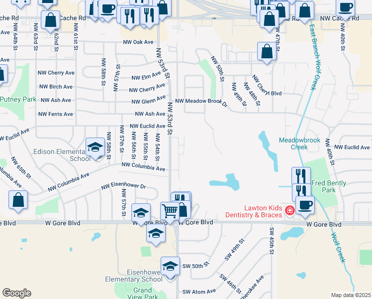 map of restaurants, bars, coffee shops, grocery stores, and more near 501 Northwest Fairway Villa Place in Lawton