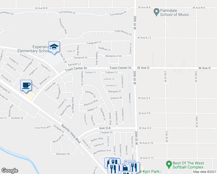 map of restaurants, bars, coffee shops, grocery stores, and more near 3210 Lantana Court in Palmdale