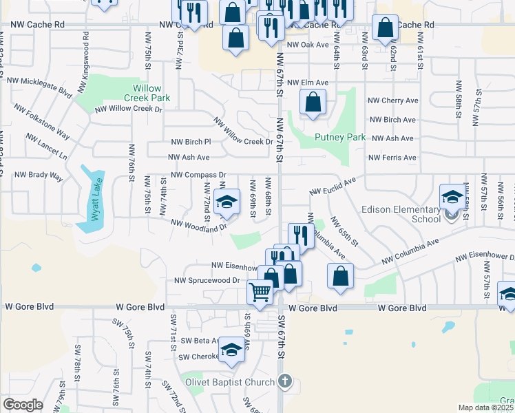 map of restaurants, bars, coffee shops, grocery stores, and more near 407 Northwest 69th Street in Lawton