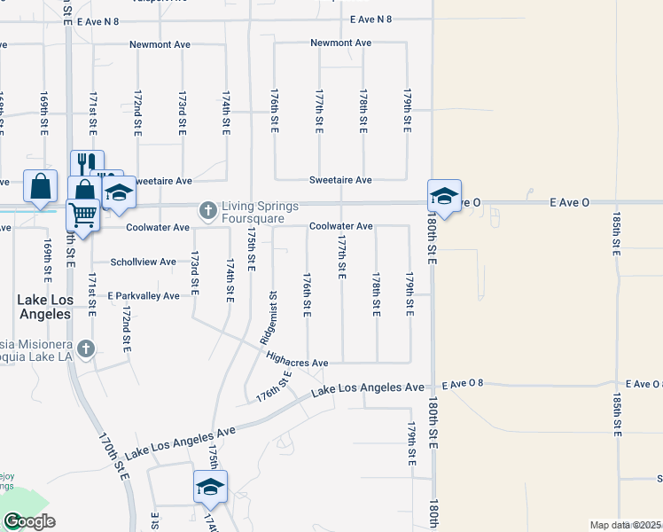 map of restaurants, bars, coffee shops, grocery stores, and more near 40235 177th Street East in Palmdale