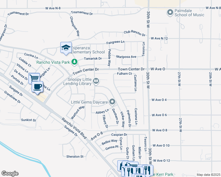 map of restaurants, bars, coffee shops, grocery stores, and more near 40254 Vicker Way in Palmdale