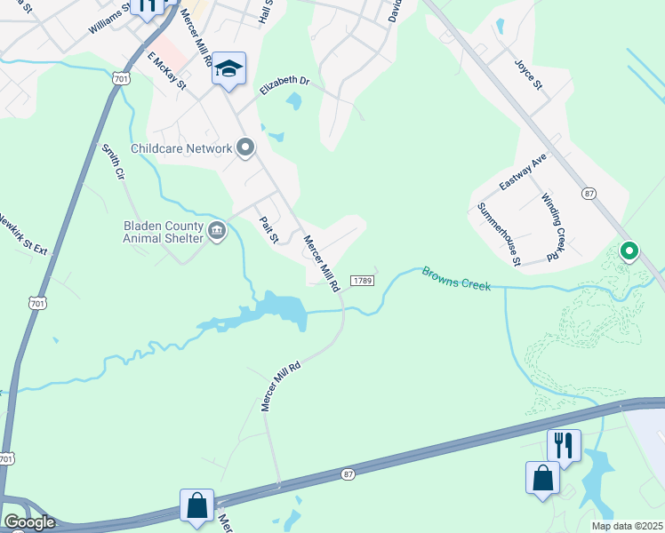 map of restaurants, bars, coffee shops, grocery stores, and more near 805 Mercer Mill Road in Elizabethtown