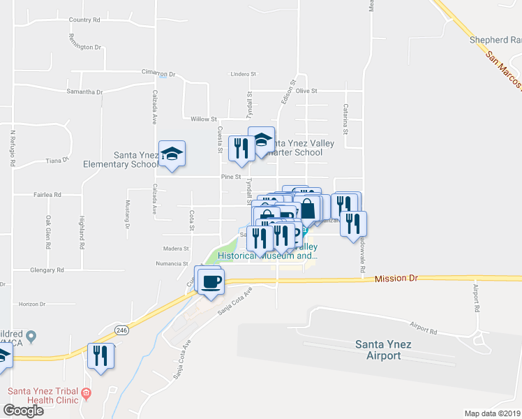 map of restaurants, bars, coffee shops, grocery stores, and more near 3520 Tivola Street in Santa Ynez
