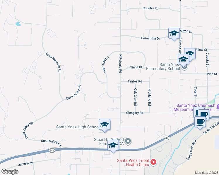 map of restaurants, bars, coffee shops, grocery stores, and more near 1178 Deer Trail Lane in Solvang