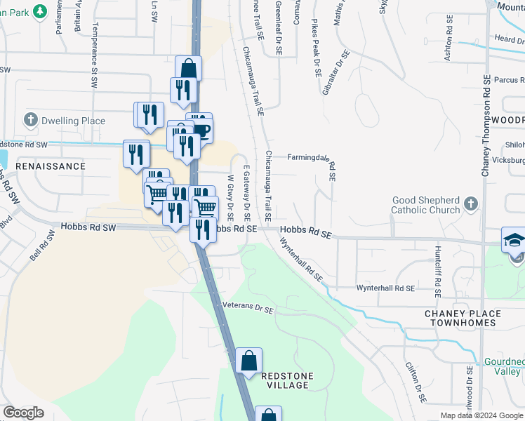 map of restaurants, bars, coffee shops, grocery stores, and more near 12334 Chicamauga Trail Southeast in Huntsville