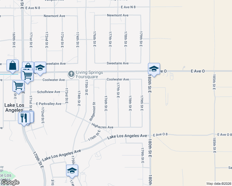 map of restaurants, bars, coffee shops, grocery stores, and more near 40235 177th Street East in Palmdale