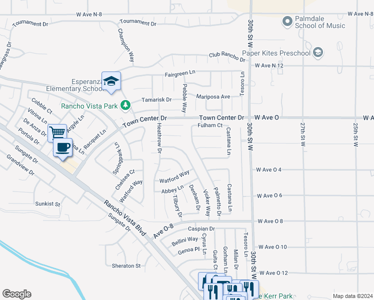 map of restaurants, bars, coffee shops, grocery stores, and more near 40254 Vicker Way in Palmdale