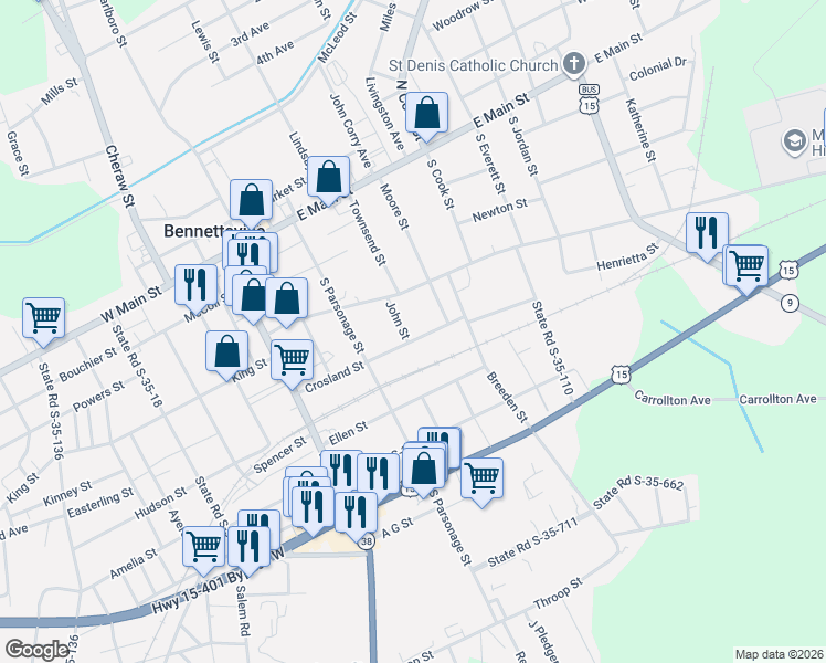 map of restaurants, bars, coffee shops, grocery stores, and more near 113 John Street in Bennettsville