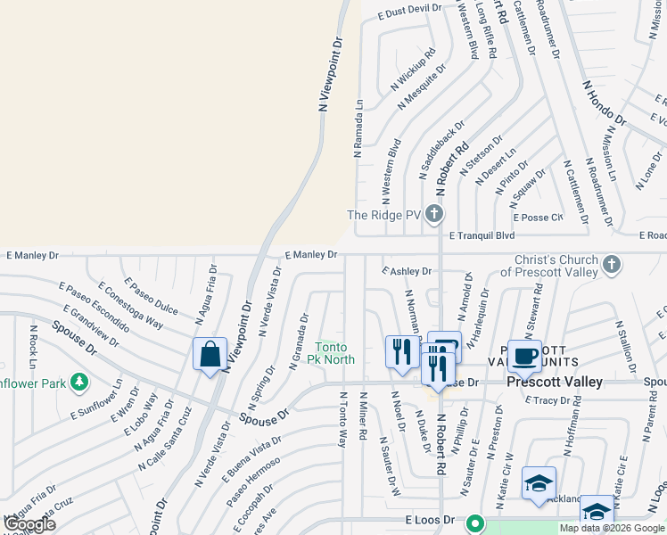 map of restaurants, bars, coffee shops, grocery stores, and more near 4936 North Spring Drive in Prescott Valley