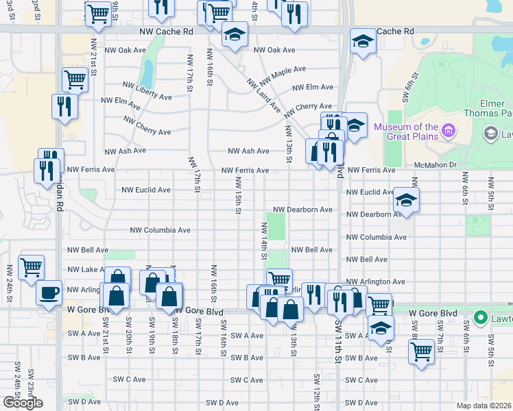 map of restaurants, bars, coffee shops, grocery stores, and more near 1411 Northwest Dearborn Avenue in Lawton