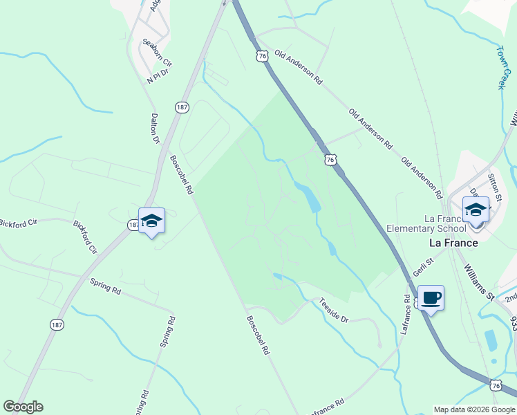 map of restaurants, bars, coffee shops, grocery stores, and more near 210 Leslie Lane in Pendleton