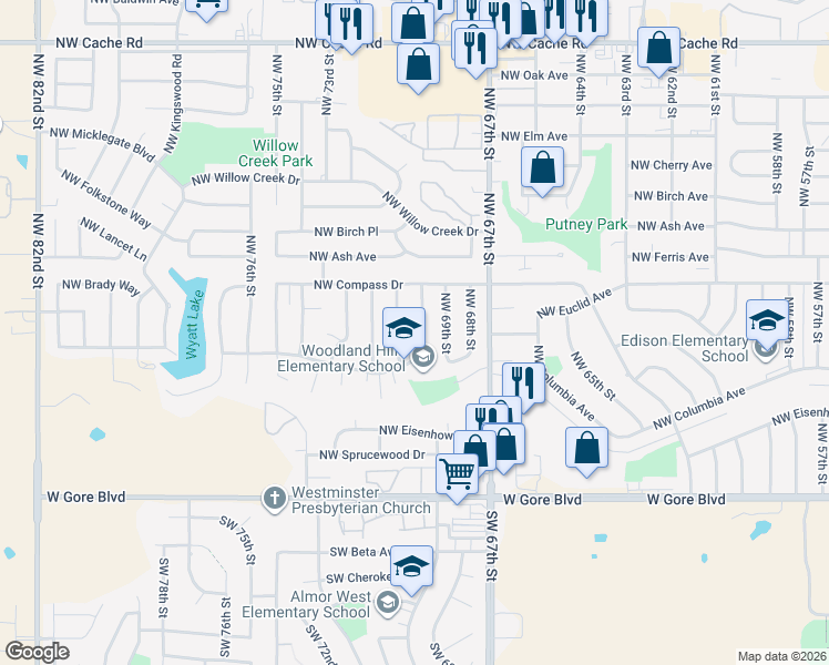 map of restaurants, bars, coffee shops, grocery stores, and more near 407 Northwest 71st Street in Lawton