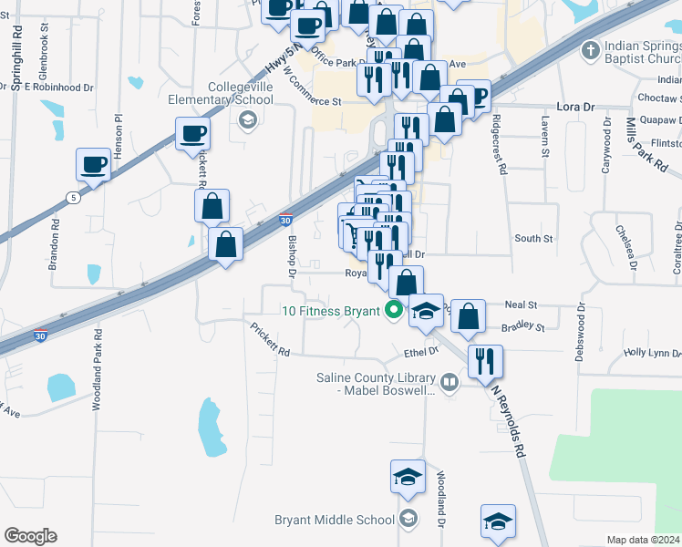 map of restaurants, bars, coffee shops, grocery stores, and more near 570 Roya Lane in Bryant