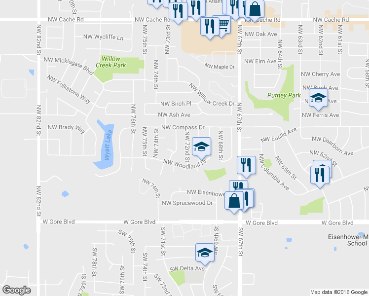 map of restaurants, bars, coffee shops, grocery stores, and more near 414 Northwest 72nd Street in Lawton