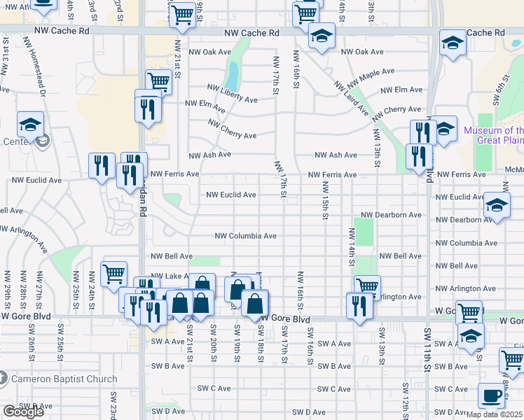 map of restaurants, bars, coffee shops, grocery stores, and more near 1713 Northwest Dearborn Avenue in Lawton