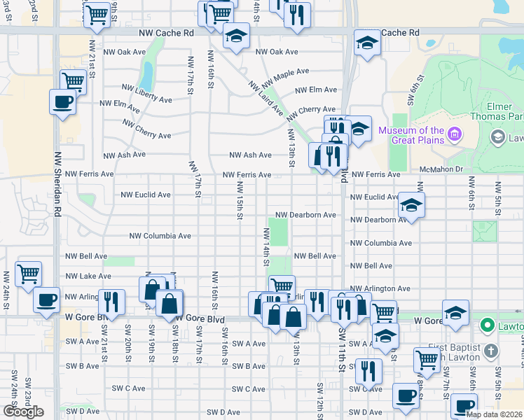 map of restaurants, bars, coffee shops, grocery stores, and more near 1311-1313 Northwest Dearborn Avenue in Lawton