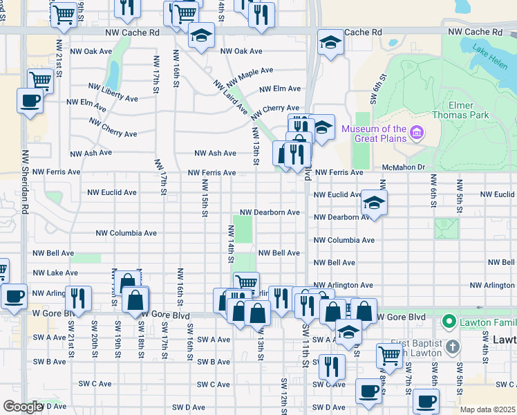 map of restaurants, bars, coffee shops, grocery stores, and more near 1215 Northwest Dearborn Avenue in Lawton