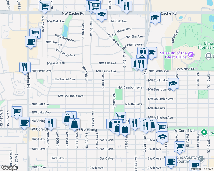 map of restaurants, bars, coffee shops, grocery stores, and more near 1411 Northwest Dearborn Avenue in Lawton