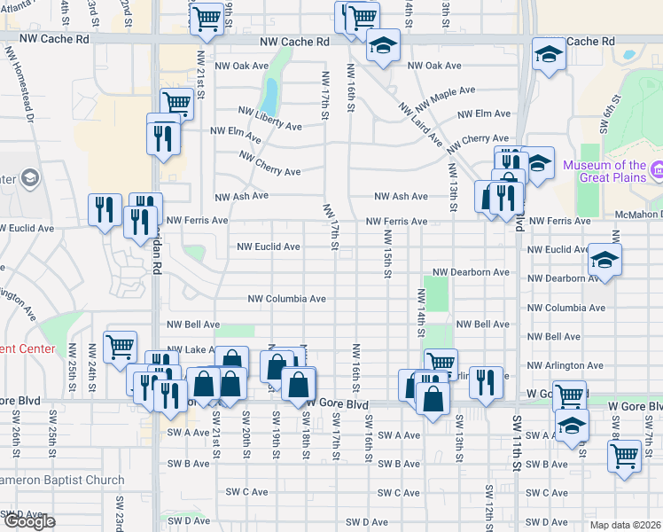map of restaurants, bars, coffee shops, grocery stores, and more near 501 Northwest 17th Street in Lawton