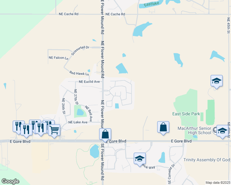 map of restaurants, bars, coffee shops, grocery stores, and more near Little John Lane in Lawton