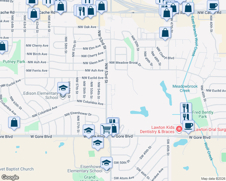 map of restaurants, bars, coffee shops, grocery stores, and more near 501 Northwest Fairway Villa Drive in Lawton