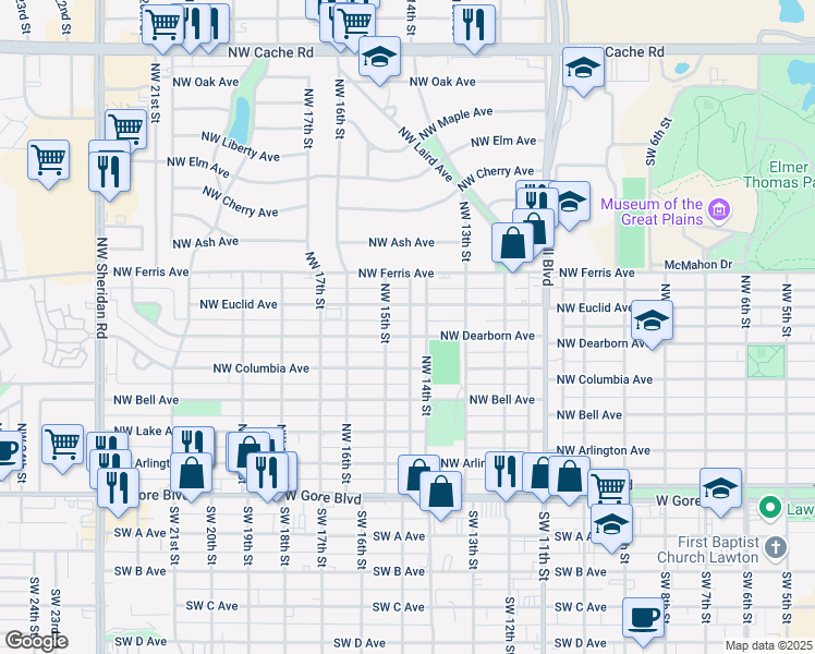 map of restaurants, bars, coffee shops, grocery stores, and more near 1407 Northwest Dearborn Avenue in Lawton