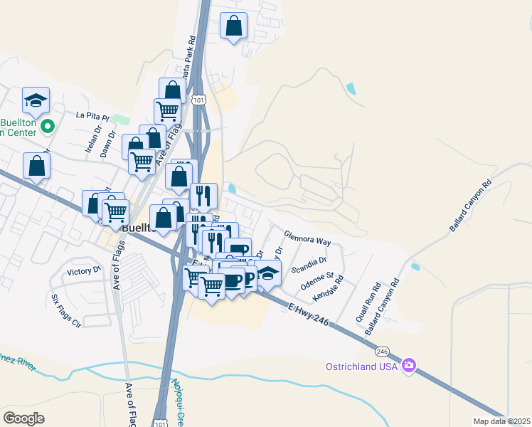 map of restaurants, bars, coffee shops, grocery stores, and more near 253 Glennora Way in Buellton
