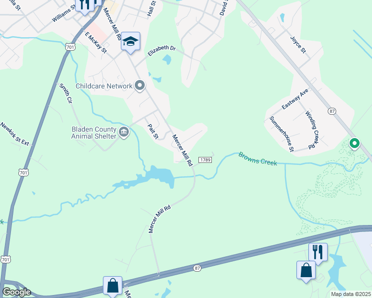 map of restaurants, bars, coffee shops, grocery stores, and more near 805 Mercer Mill Road in Elizabethtown