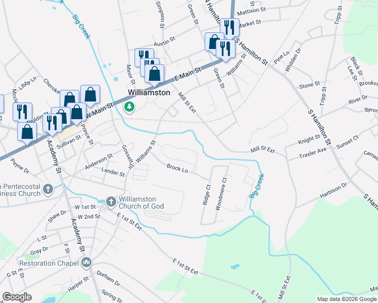 map of restaurants, bars, coffee shops, grocery stores, and more near 208 Creekside Circle in Williamston