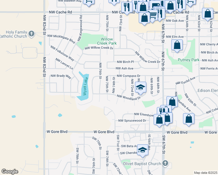 map of restaurants, bars, coffee shops, grocery stores, and more near 407 Northwest 75th Street in Lawton