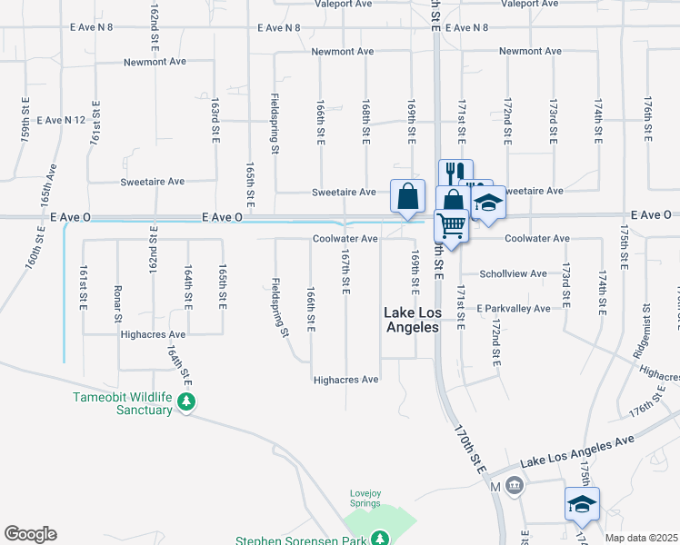map of restaurants, bars, coffee shops, grocery stores, and more near 40259 167th Street East in Palmdale