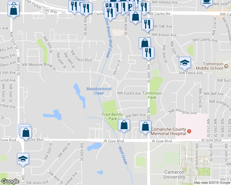 map of restaurants, bars, coffee shops, grocery stores, and more near 320 Northwest 40th Street in Lawton