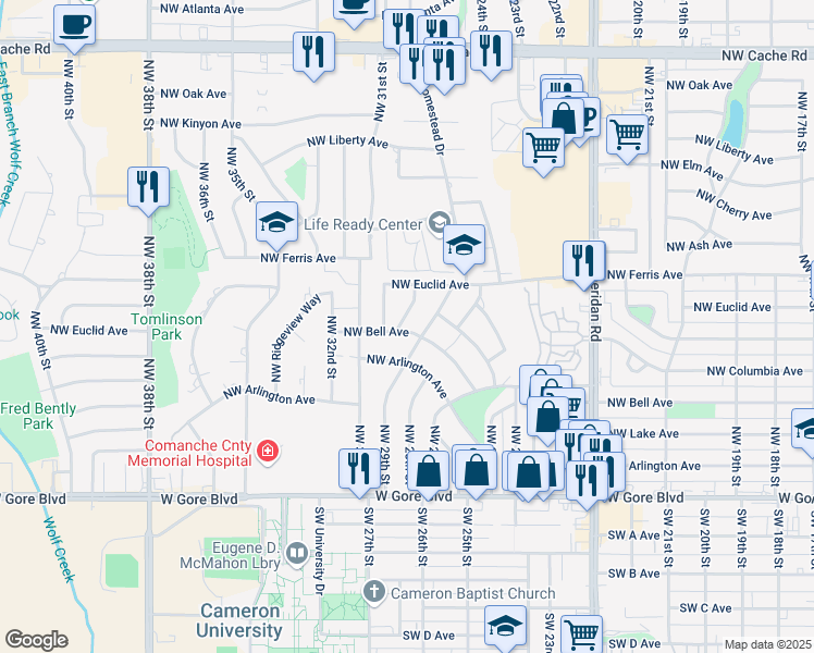 map of restaurants, bars, coffee shops, grocery stores, and more near 2910 Northwest Bell Avenue in Lawton