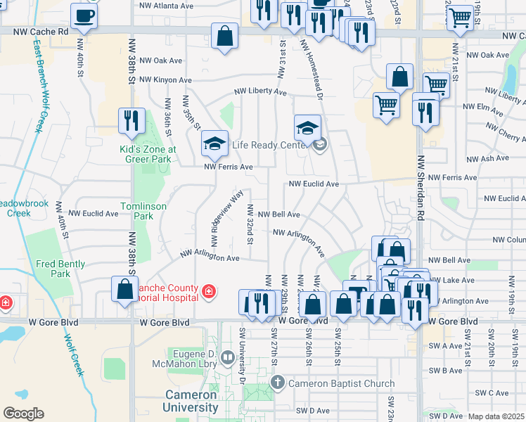 map of restaurants, bars, coffee shops, grocery stores, and more near 305 Northwest 31st Street in Lawton