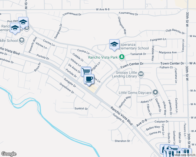 map of restaurants, bars, coffee shops, grocery stores, and more near 3823 Vitrina Lane in Palmdale