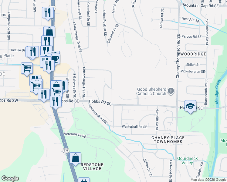 map of restaurants, bars, coffee shops, grocery stores, and more near 564 Farmingdale Road Southeast in Huntsville