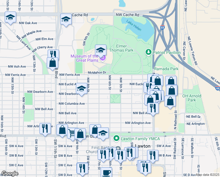 map of restaurants, bars, coffee shops, grocery stores, and more near 601 Northwest Dearborn Avenue in Lawton