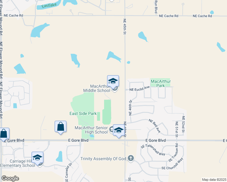 map of restaurants, bars, coffee shops, grocery stores, and more near 510 Northeast 45th Street in Lawton