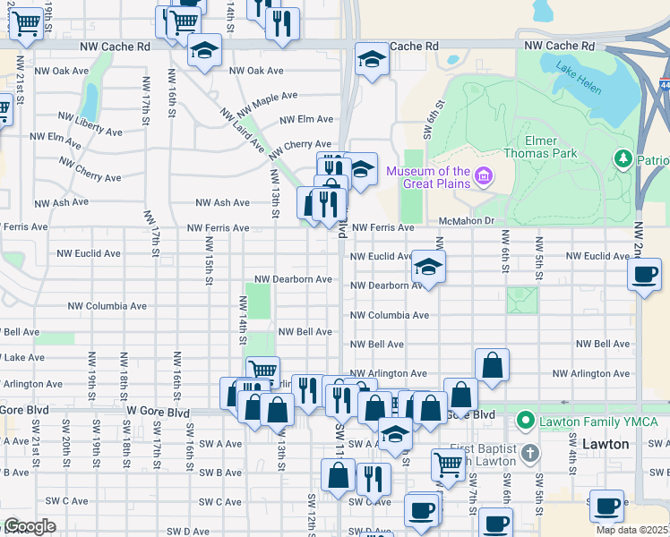 map of restaurants, bars, coffee shops, grocery stores, and more near 401 Northwest Fort Sill Boulevard in Lawton