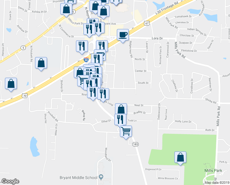 map of restaurants, bars, coffee shops, grocery stores, and more near 300 Dell Drive in Bryant