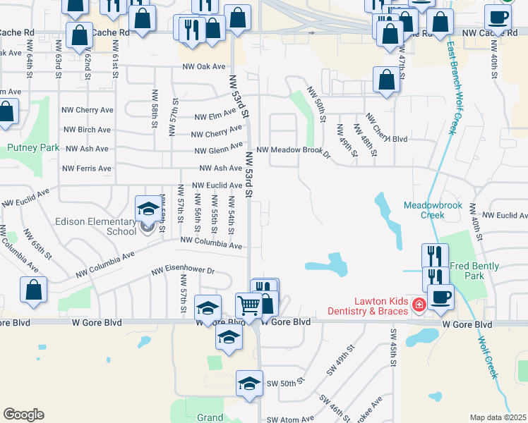 map of restaurants, bars, coffee shops, grocery stores, and more near 505 Northwest Fairway Villa Drive in Lawton
